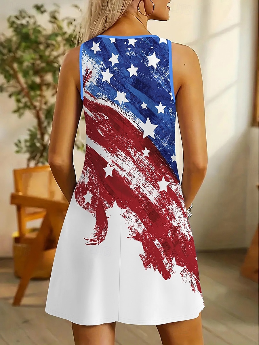 Frauen Patriotic Mini Kleid A-Linien Kleid Sommer Kleid Off-Shoulder Kleid Urlaub Lässig Täglich Reguläre Passform Grafik Flagge Ärmellos U-Ausschnitt Rot Sommer 2025 - $21.99 –P2