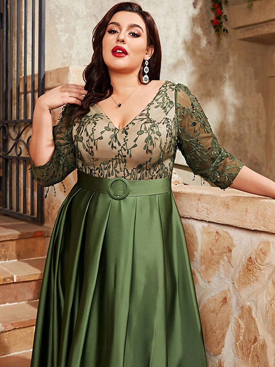 Abito da sera A-Line elegante abito formale da matrimonio lungo fino al pavimento maniche a 3/4 scollo a V satinato schiena a V con pieghe del 2025 a $129.99 –P2