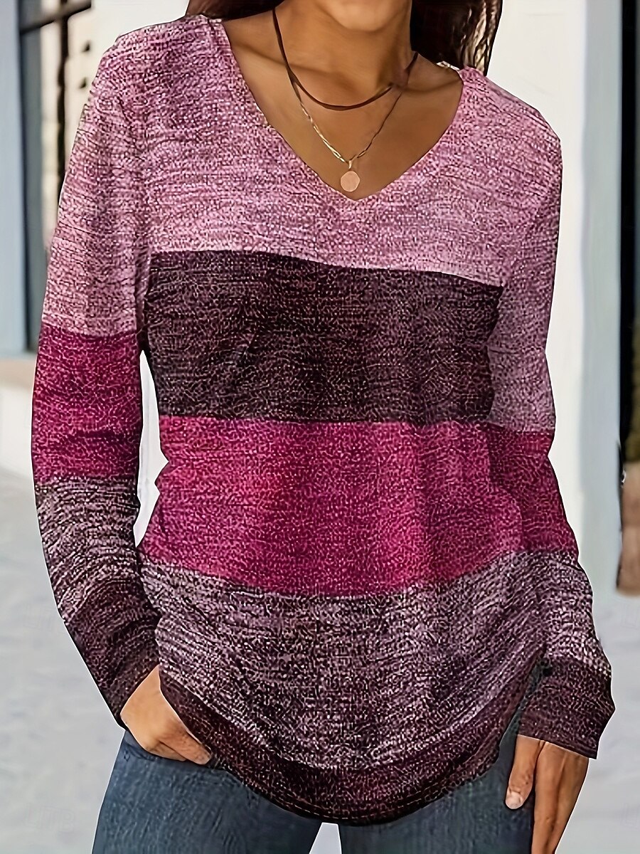 Femmes T-shirt A Ombre Graphique Géométrique ancien Élégant Classique manche longue Col en V Hauts Réguliers Quotidien Imprimé Bleu Violet Orange Vert Printemps Automne de 2025 ? $23.99 –P3