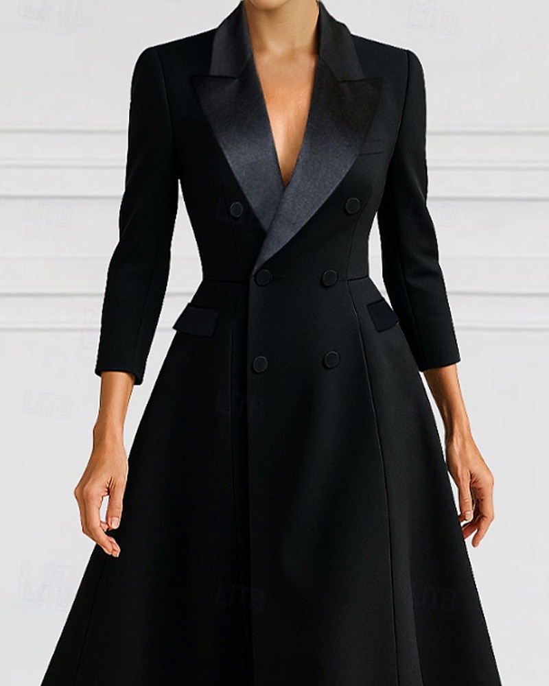 A-Line Blazer Dress Mother of the Bride Dress Tuxedo Dress Elegant Simple Minimalist V Neck Peak Lapel Tea Length Midi Length Flap Pockets Stretch Crepe 3/4 Length Sleeve with Covered Buttons 2025 - $137.99 –P2
