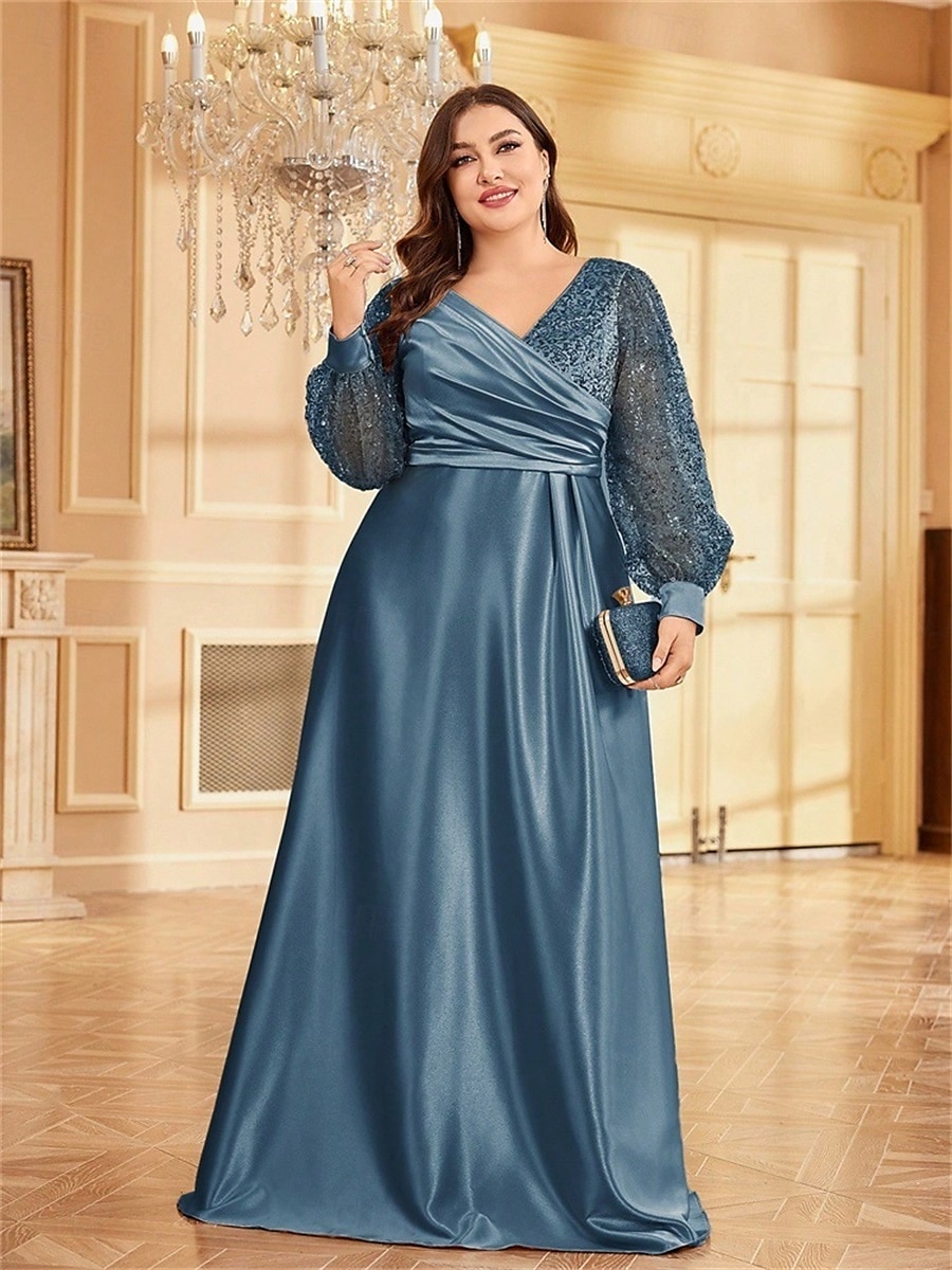 Robe A-Line Grande Taille Élégante Robe Courbe De Mariage Formelle Longue Au Sol Manches Longues Col en V En Polyester Avec Plis 2025 de 2025 ? $119.99 –P26