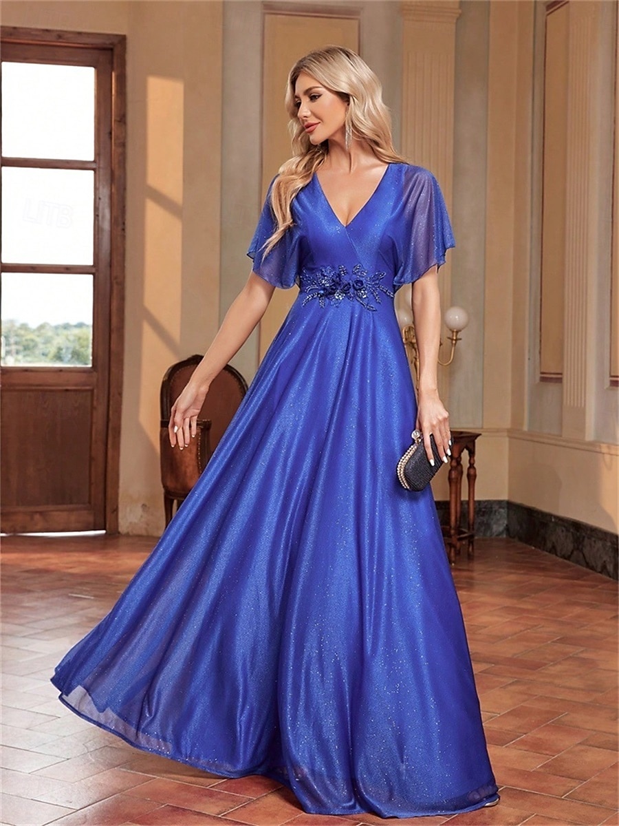 A-Linie Quinceanera Kleider Elegantes Kleid Formelle Hochzeit Bodenlang Kurzarm V-Ausschnitt Chiffon mit Falten 2025 - $99.99 –P11