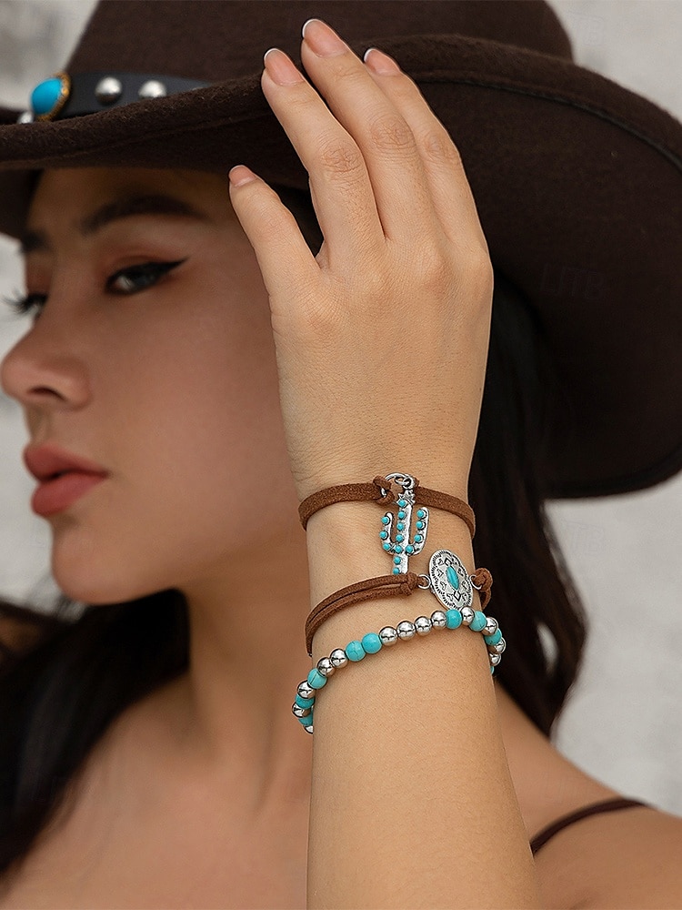 Brățară boho turcoaz pentru femei, cu pandantiv din piele și cactus, bijuterii vintage în stil western pentru ținute de festival cowgirl, petreceri și sărbători de vară 2025 - $9.99 –P2