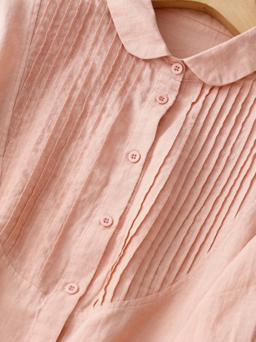 Per donna Camicie di cotone e lino Tinta unica Elegante Essenziale Casual Manica 3/4 Colletto a Camicia Top Regolari Quotidiano Bottoni Bianco Rosa Azzurro Estate del 2025 a $34.99 –P2