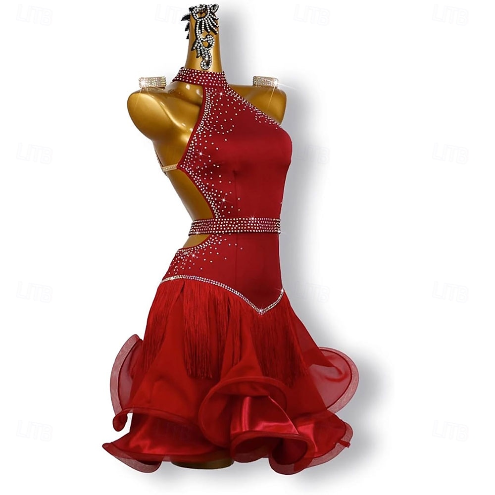 Robe de danse latine rouge à épaules dénudées et à diamants pour femmes, jupe en maille de compétition de 2025 ? $189.99 –P5