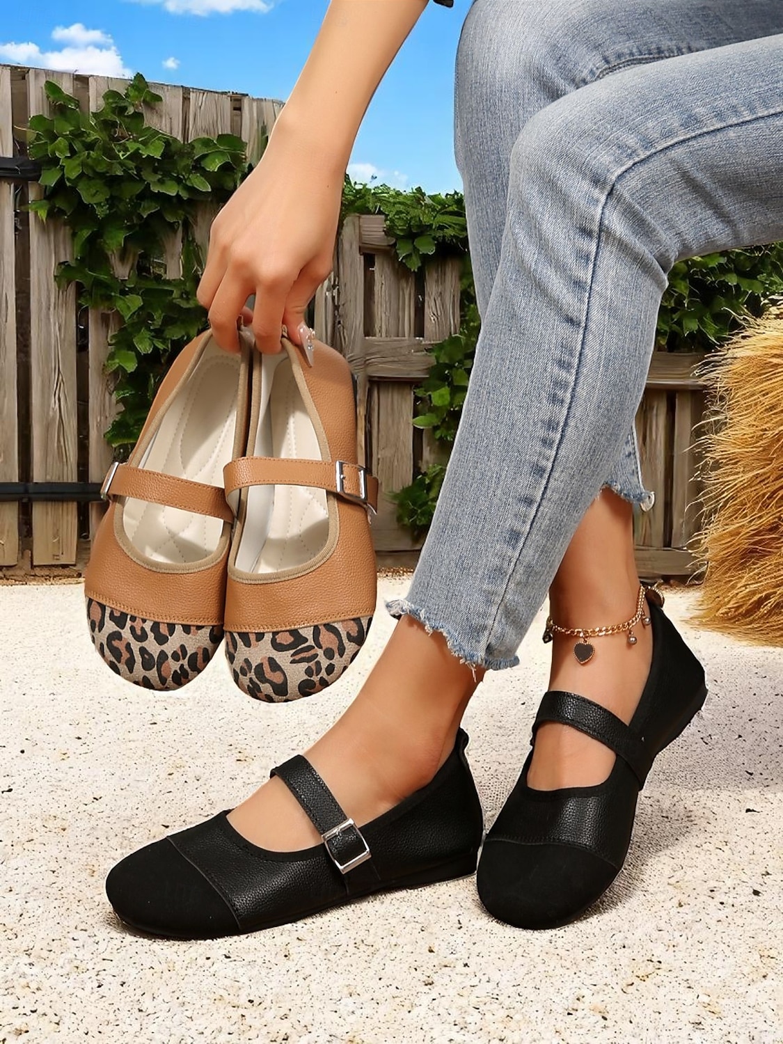 Dámské boty Mary Jane s leopardím potiskem a nastavitelným páskem, pohodlná ležérní barefoot obuv pro venkovní i každodenní nošení 2025 - $19.99 –P8