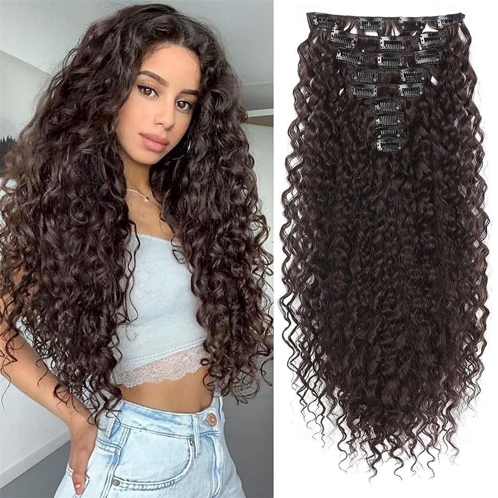 Extensions de cheveux synthétiques bouclés à clips, 9 pièces, 22 pouces, longues, douces et épaisses, pour femmes - Noir et brun de 2025 ? $26.99 –P5