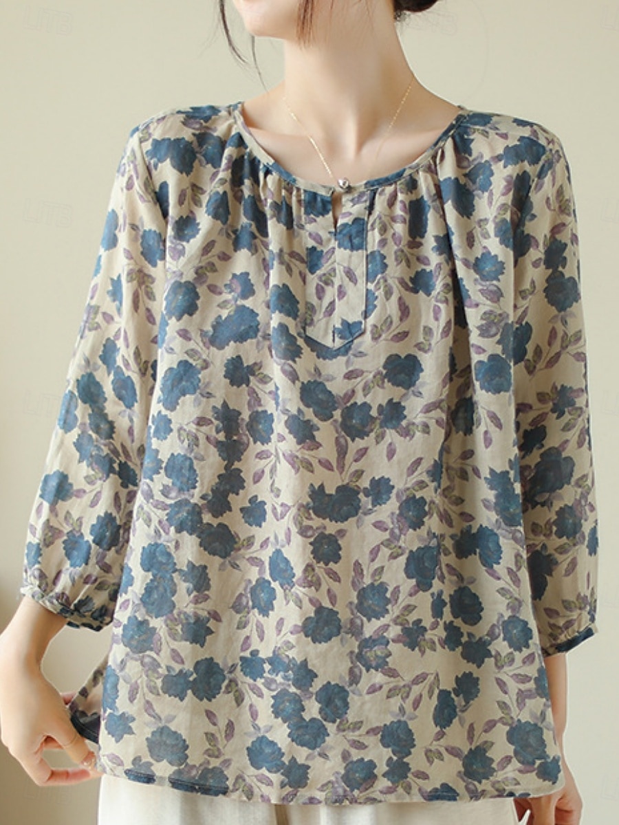 Pentru femei Cămăși Bumbac In Floral De Bază Casual Lungime Manșon 3/4 Stil Nautic Topuri obișnuite Zilnic Imprimeu Albastru piscină Vară 2025 - $18.99 –P3