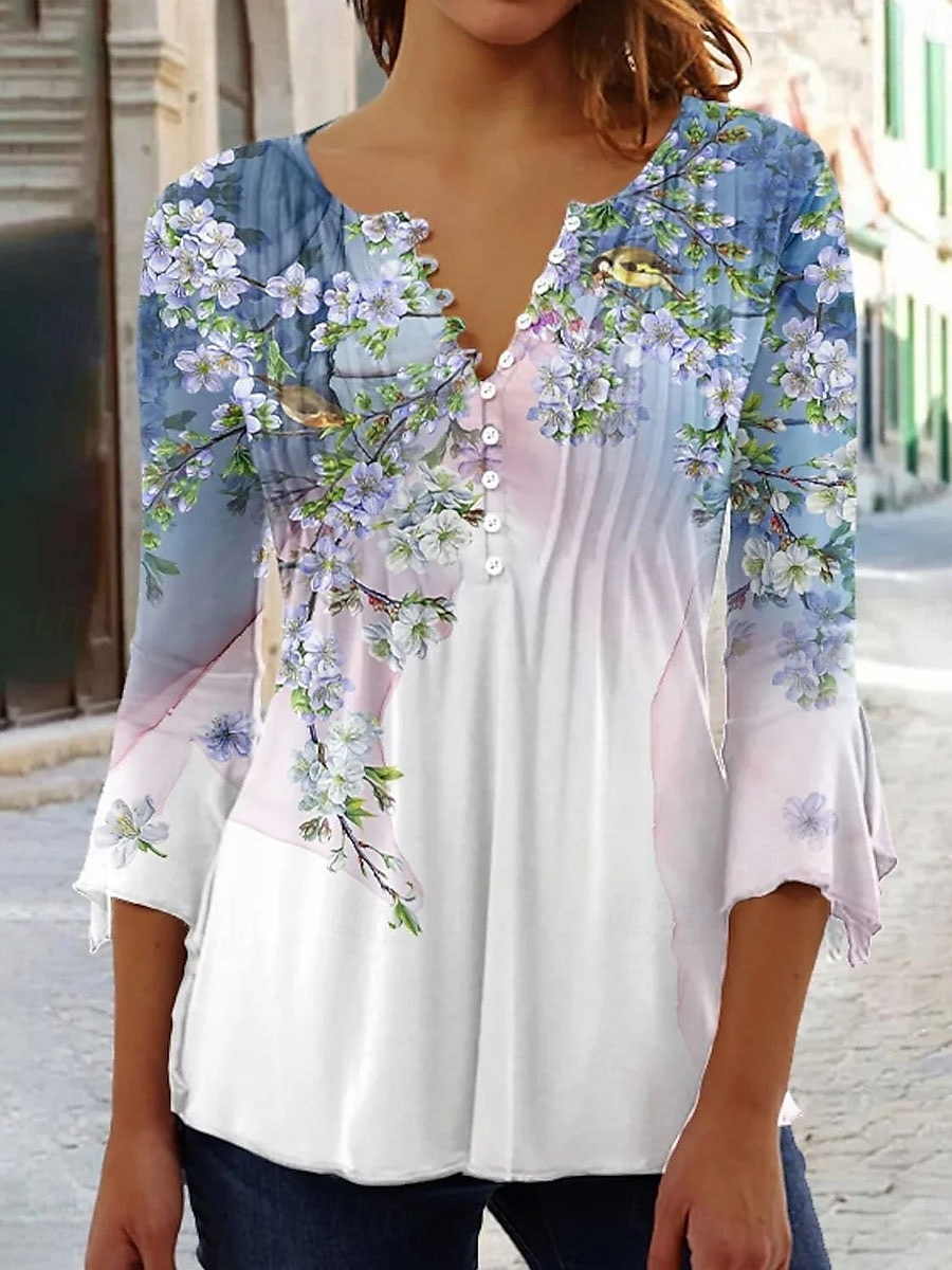 Per donna Blusa Ombre Floreale Grafico Elegante Manica 3/4 Scollo a V Top Regolari Quotidiano Uscire Volant Bottoni Rosa Blu Viola Arancione Verde Primavera Autunno del 2025 a $27.99 –P2