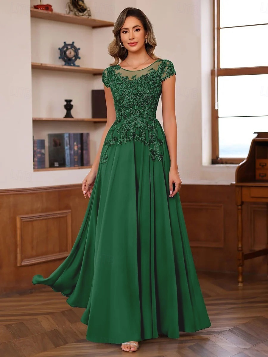 Blue Red A-Line Mother of the Bride Dress Elegant Luxurious Boat Neck Floor Length Chiffon Lace Short Sleeve with Tier Cascading Ruffles 2025 2025 - $139.99 –P8
