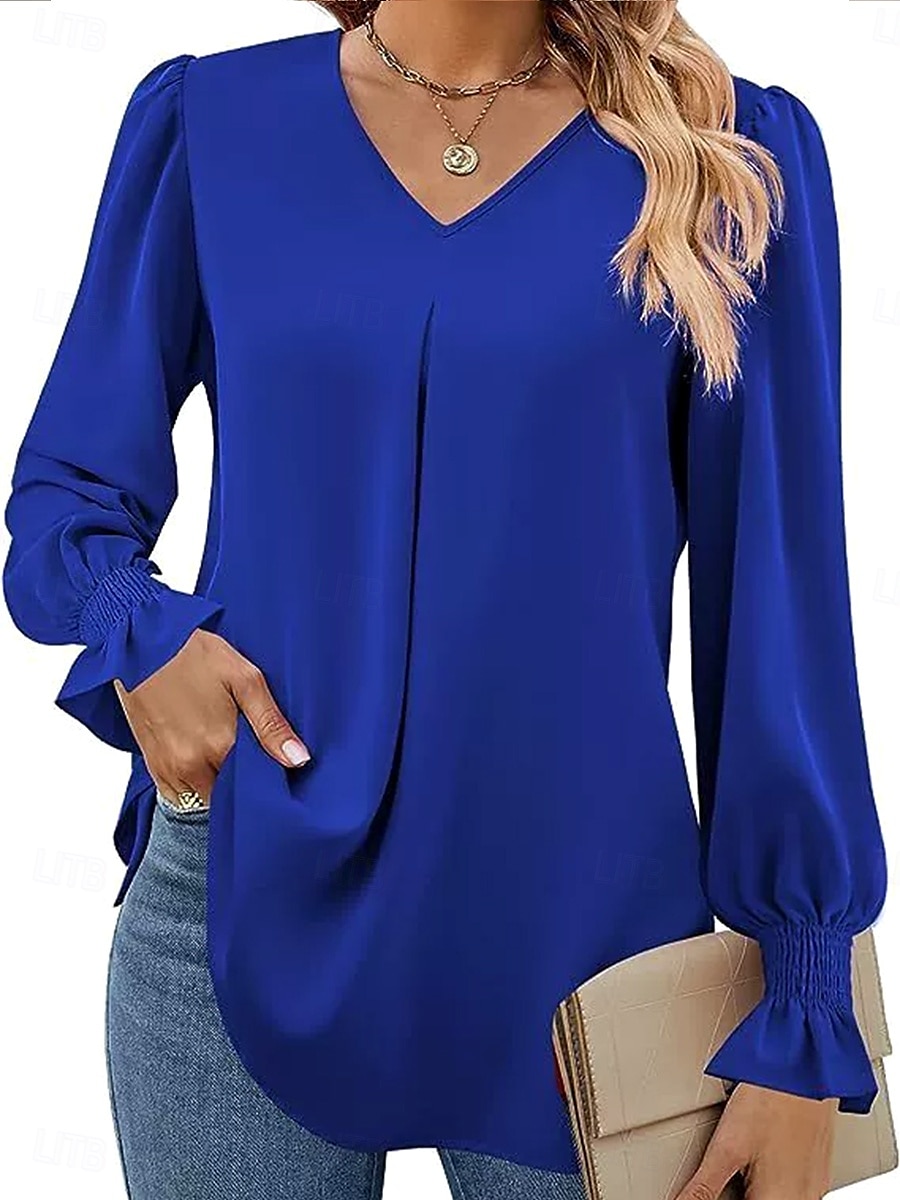 Damen Hemd Einfarbig Einfach Elegant Stilvoll Basic Langarm V Ausschnitt Einkerbiger Ausschnitt Normale Oberteile Arbeit Täglich Ferien Rüsche Rosa Rote Königsblau Orange Khaki Frühling Herbst Winter 2025 - $19.99 –P2