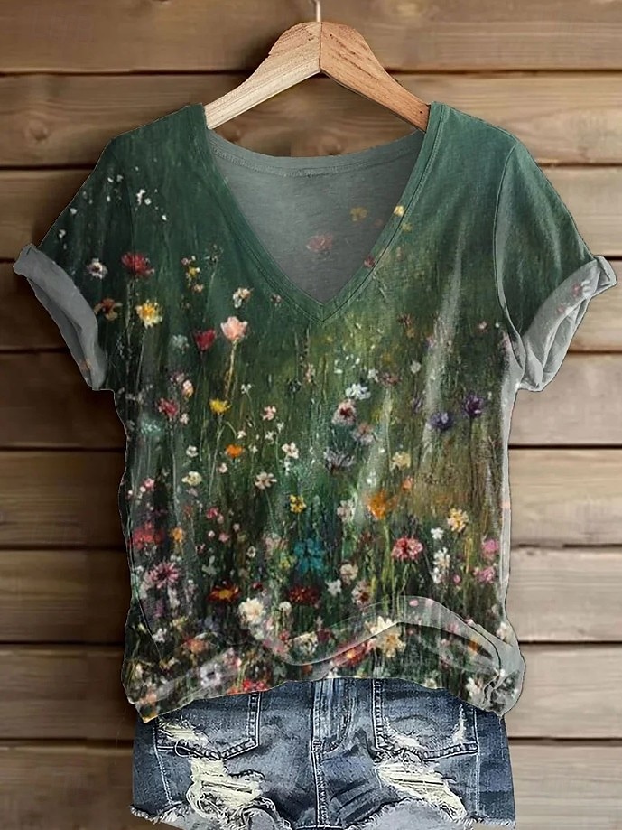 Femmes T-shirt Fleuri Graphique Plantes Bohème ancien Élégant Manche Courte Col en V Hauts Réguliers Quotidien Sortir Week-end Imprimé Vert foncé Vert Gris Été Printemps de 2025 ? $19.99 –P2