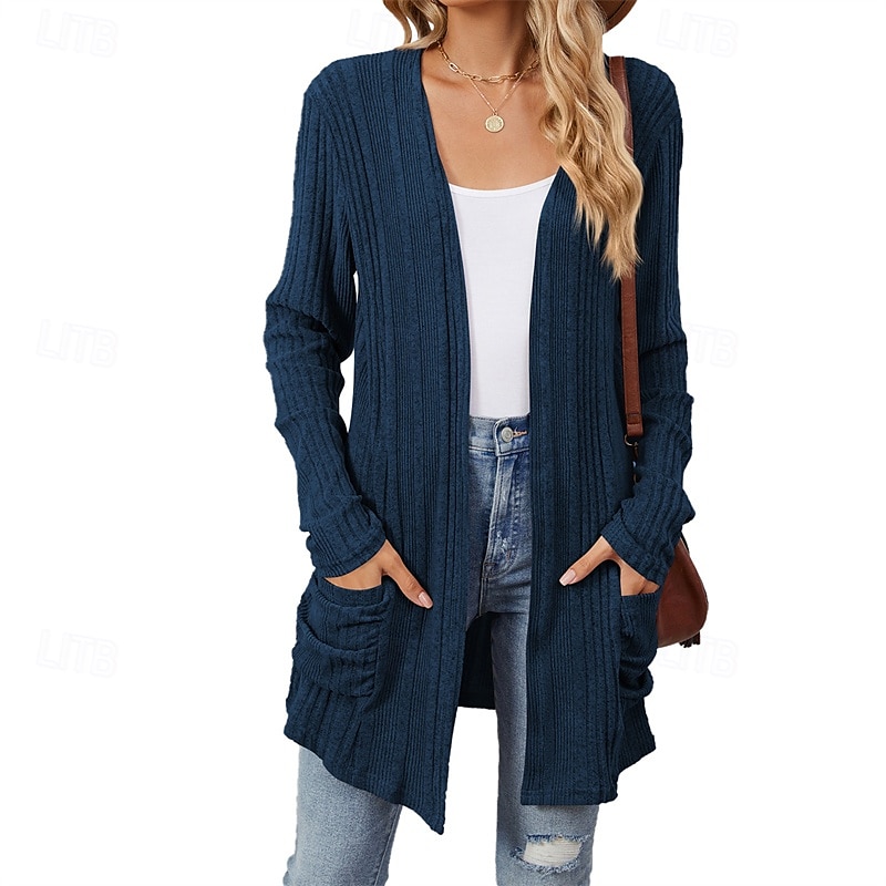Dam Kappa Håller värmen Bekväm Ficka Mode Utomhus Slät Utekväll Helgen Cardigan Normal Kraglös Normal Långärmad Ytterkläder Svart Vin Marinblå Höst Vinter 2025 - $24.99 –P1