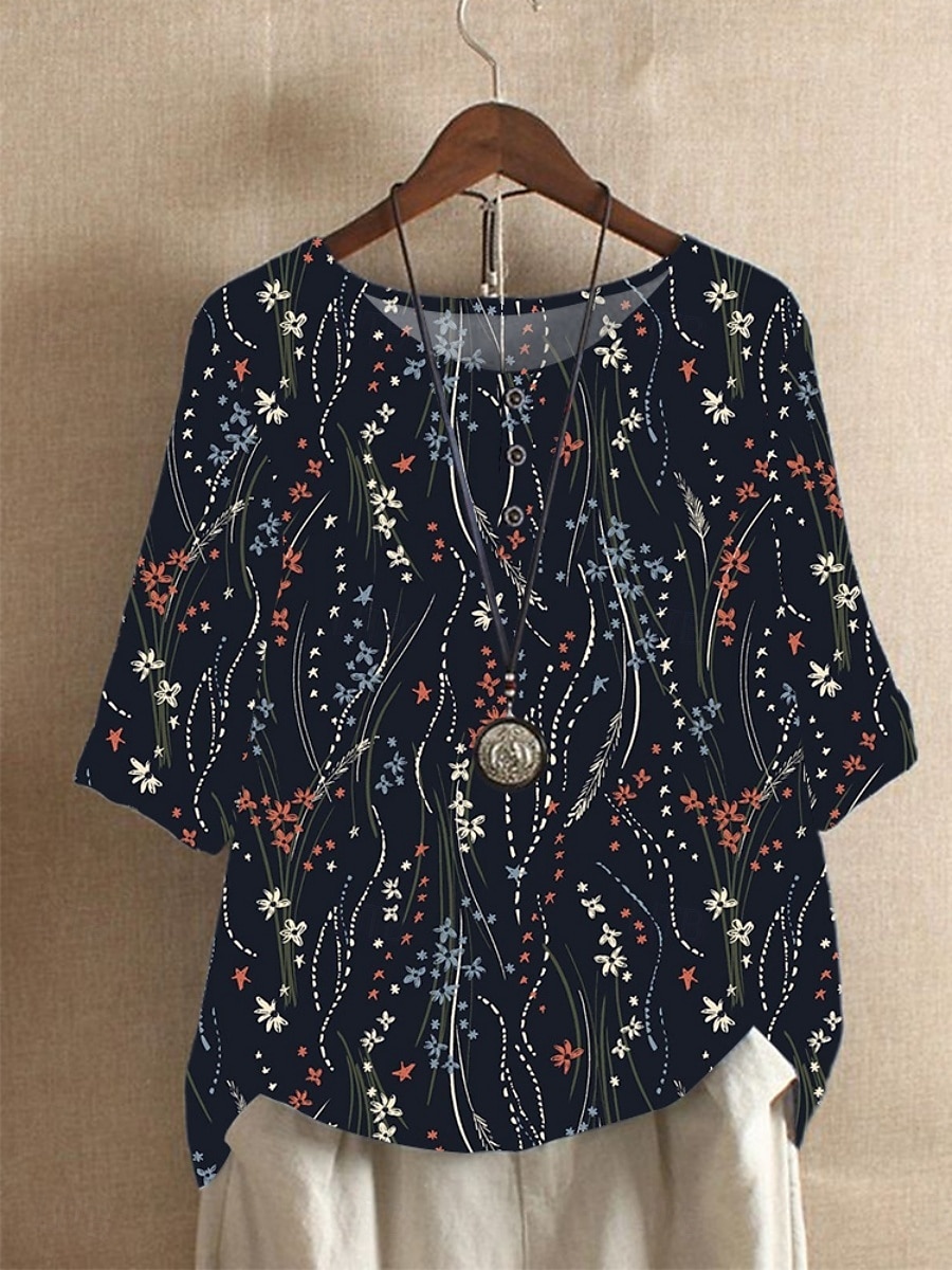 Per donna Camicie di cotone e lino Floreale A righe Essenziale Casual Mezza Manica Girocollo Top Regolari Quotidiano Stampato Nero Bianco Blu Azzurro cielo Verde Estate del 2025 a $17.99 –P4