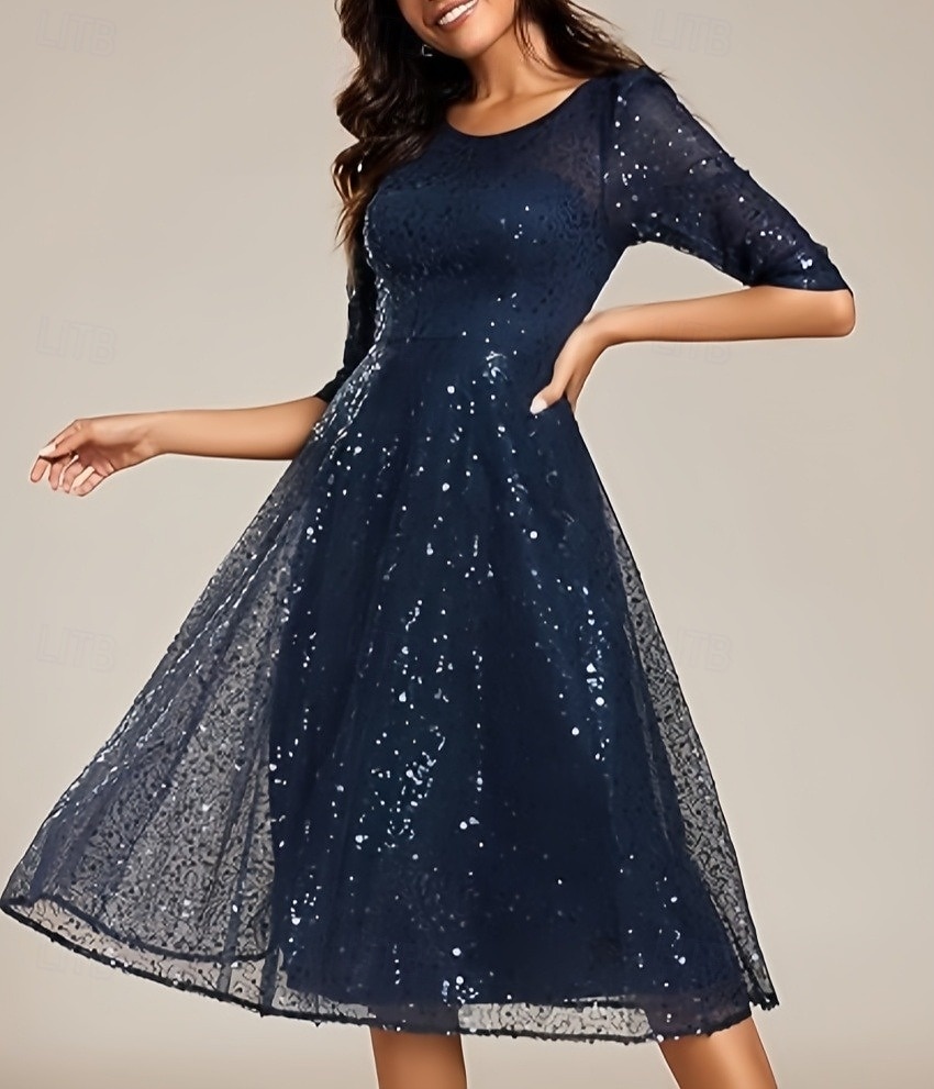 A-Line Wedding Guest Dresses Elegant Dress Wedding Guest Homecoming Knee Length Half Sleeve Crew Neck Sequined with Pleats Sequin 2025 - $140.99 –P3