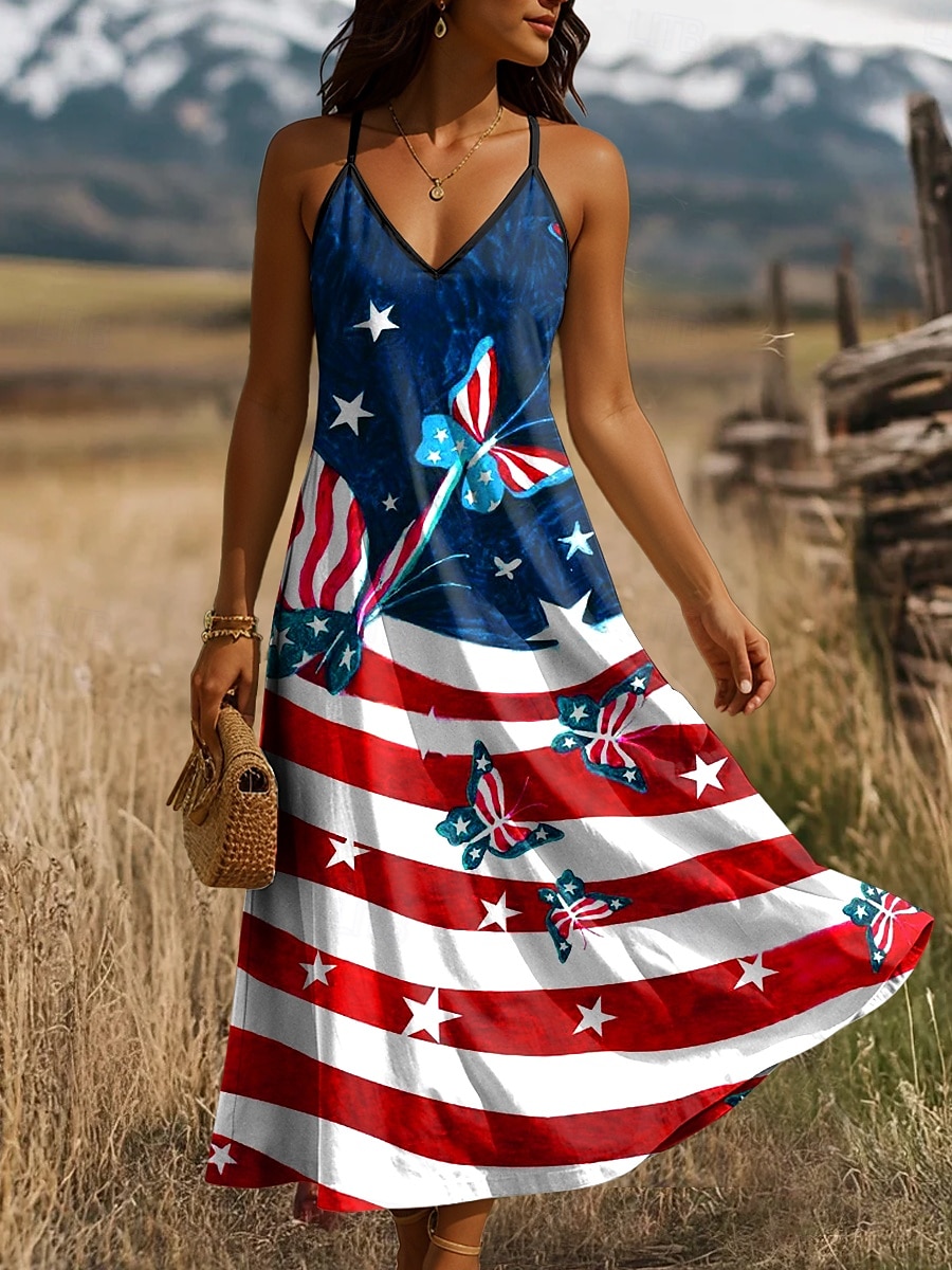 Women's Patriotic Maxi Dress A Line Dress Slip Dress Vacation Casual Daily Holiday Regular Fit Graphic American Flag Sleeveless V Neck Spaghetti Strap 2025 - $27.99 –P1