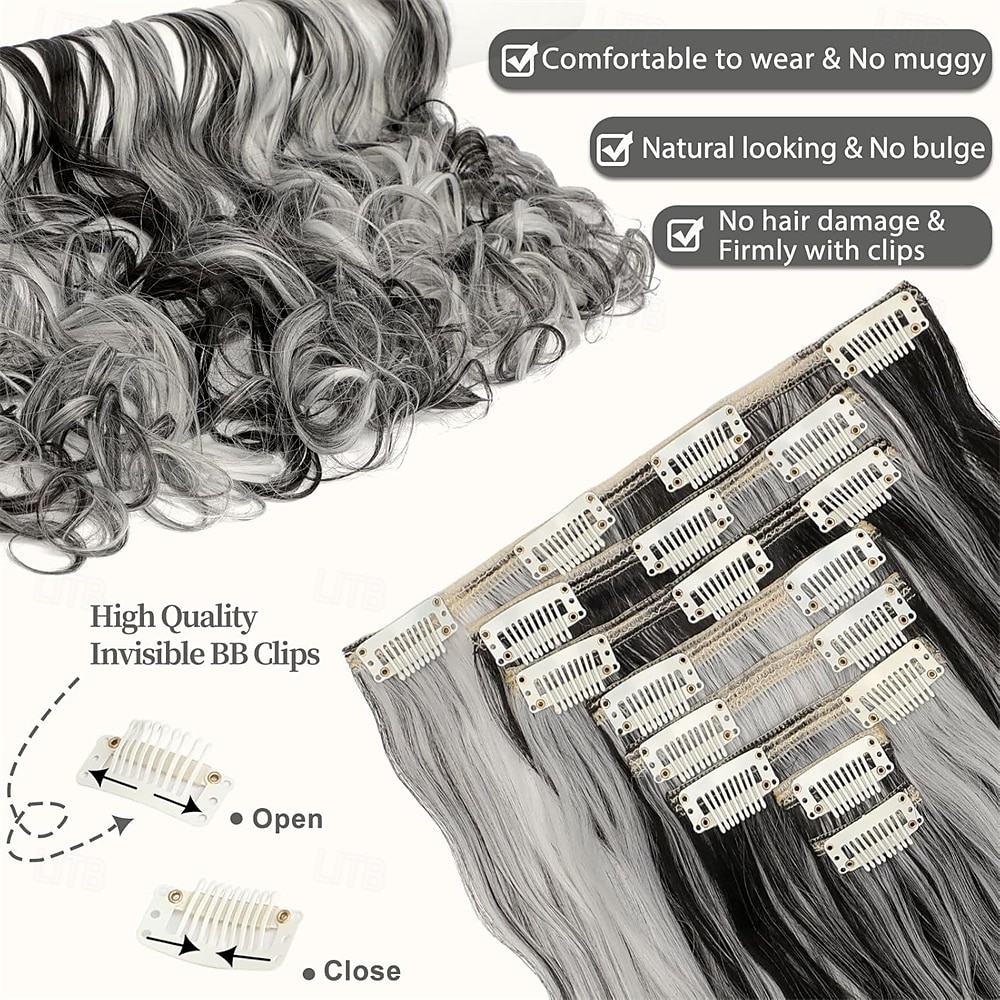 Clip-in haarextensies 24 inch 8 stuks natuurlijk zwart mix zilvergrijs lang golvend synthetisch haar extensies clip-ins dikke dubbele inslag extensies voor vrouwen 2025 - $26.99 –P3