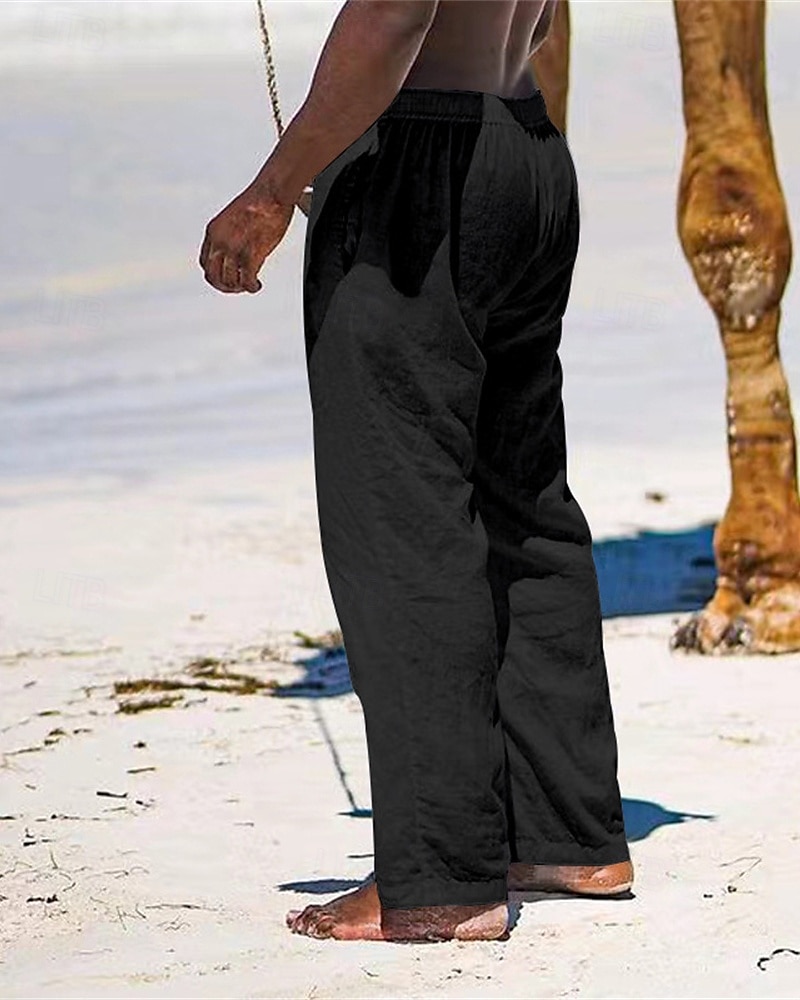 Herr Linne Byxor Långbyxor Sommarbyxor Strandbyxor Ficka Snörning Elastisk midja Slät Komfort Andningsfunktion Semester Dagligen Helgdag Hawaiisk Boho Svart Vit 2025 - $18.99 –P12