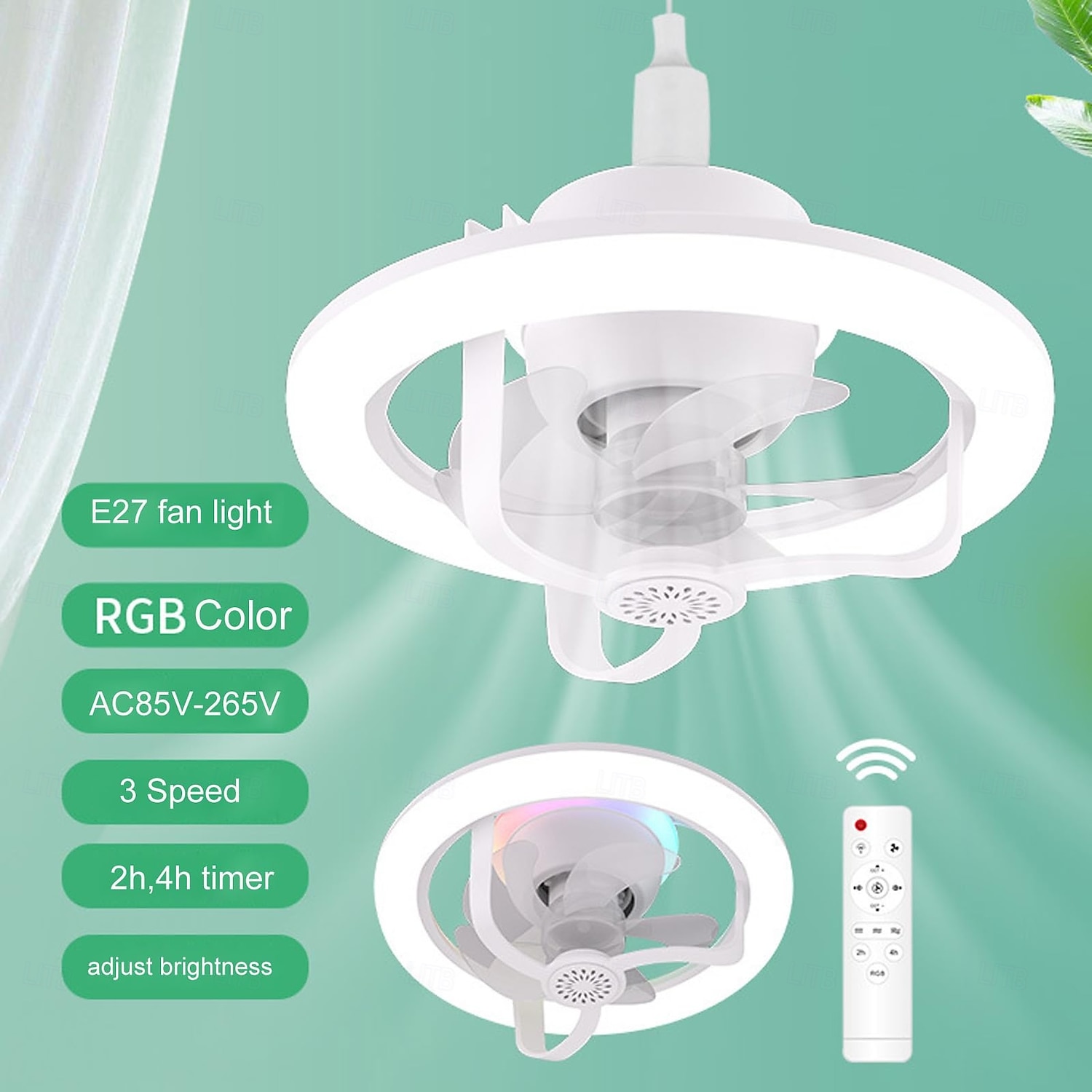 مروحة ضوء عطرية دوارة 360 درجة مع جهاز تحكم عن بعد 3 سرعات للرياح مؤقت 4 ساعات تغيير لون RGB E27 لغرفة النوم 2025 - $48.99 –P7