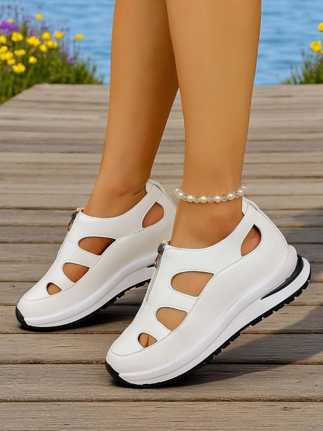 Sandalias deportivas blancas para mujer con diseño recortado, zapatos ligeros con cremallera para caminatas cómodas, viajes activos y recados diarios. 2026 - $29.99 –P3