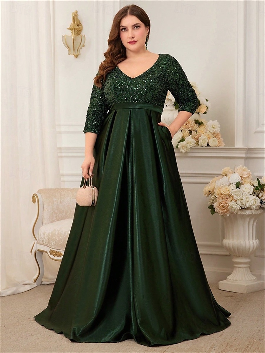 A-Linie Plus-Size Kleider Elegantes Kurvenkleid Formelle Hochzeit Bodenlänge 3/4 Länge Ärmel V-Ausschnitt Satin mit Pailletten 2025 - $119.99 –P1