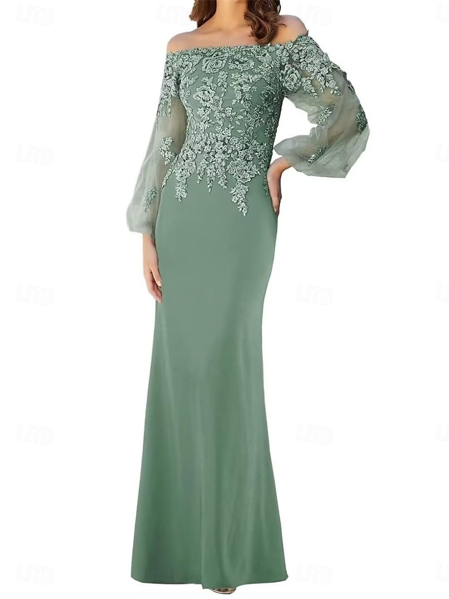 Meerjungfrau Trompeten Brautmutter Kleid Elegantes Off-Shoulder Bodenlang Spitze Lange Ärmel mit einfarbigem Material 2025 - $119.99 –P1