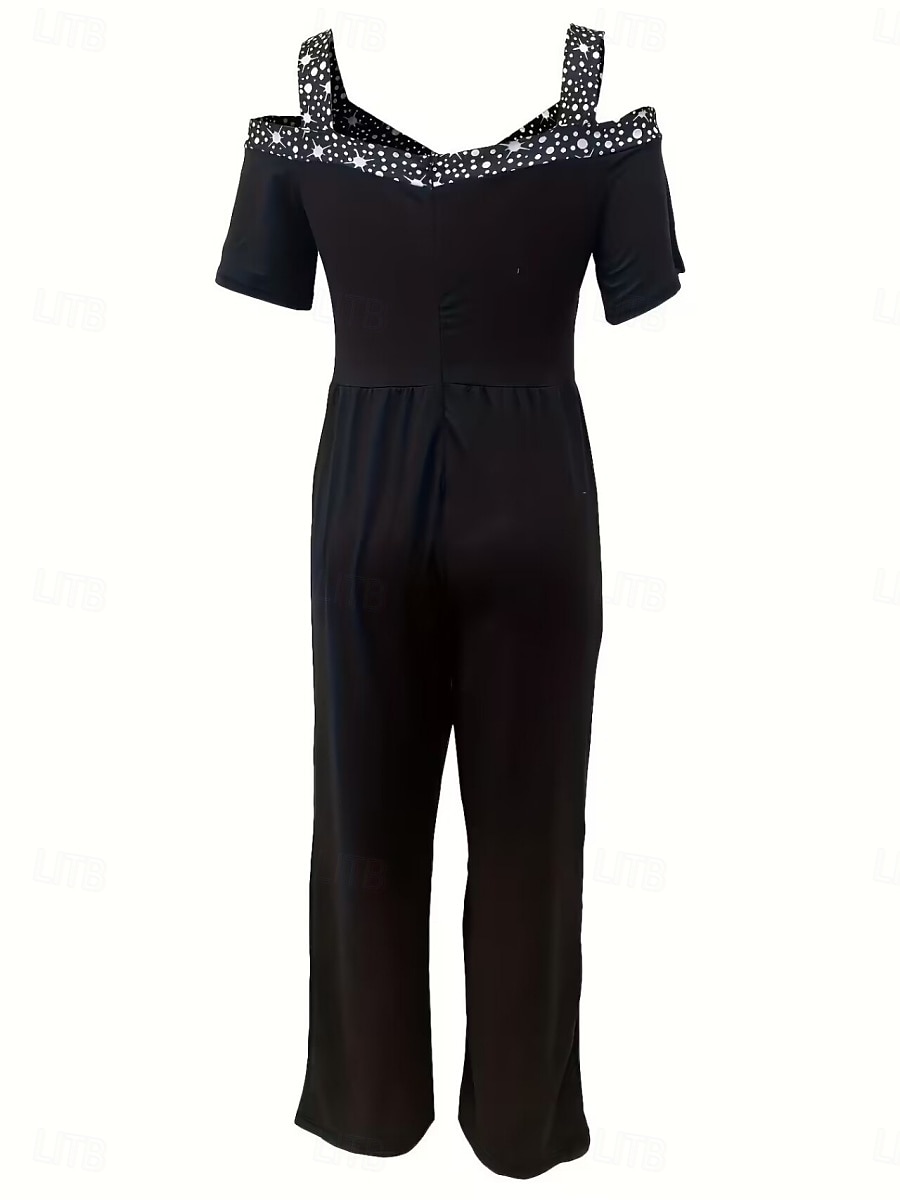 Women's Normal Jumpsuit Elegant Geometric Short Sleeve Wide Leg V Neck Patchwork High Waist Party Work Regular Fit Black Wine Blue Summer 2026 - $28.99 –P3