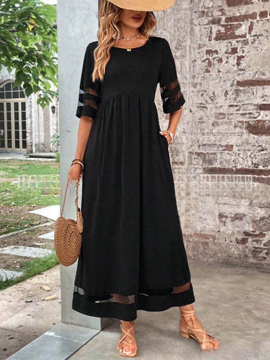 Femmes Robe maxi Robe trapèze Robe d'été Occasionnel Quotidien Coupe régulière Uni Demi Manches Col en V Noir Vin Vert Été de 2025 ? $36.99 –P1