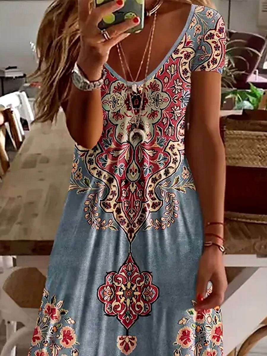 Damskie Sukienka maxi Codzienne sukienki Sukienka A line Letnie sukienki Elegancja Urlop Zabytkowe Regularny Kwiaty Graficzny W Tureckie Wzory Krótki rękaw Dekolt w kształcie litery U Jasnozielony 2025 - $30.99 –P2