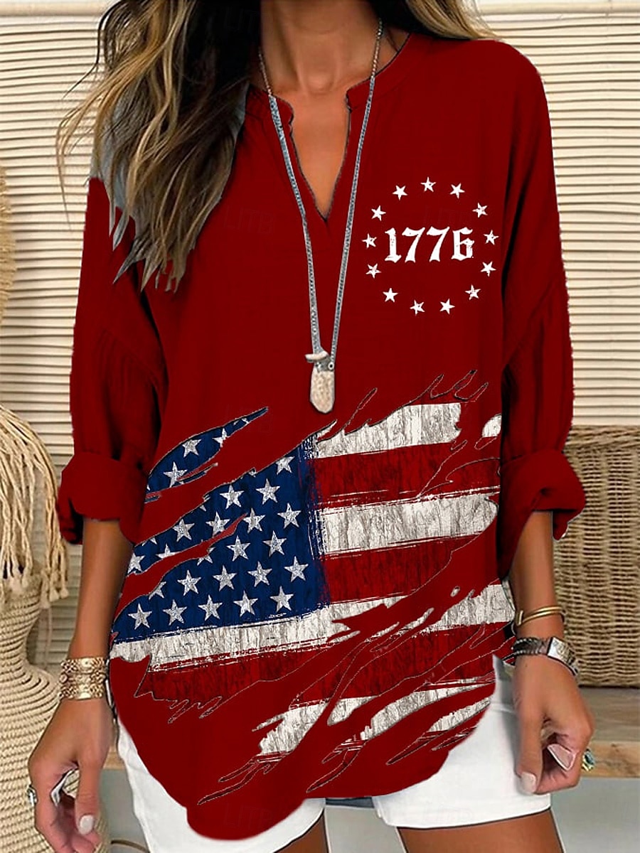 Vrouwen Patriottische Blouse Grafische Vlag Vintage Tropisch Hawaïaans Lange Mouwen V-hals Reguliere Tops Dagelijkse Vakantie Strandkleding Print Zwart Wit Rood Blauw Zomer Lente 2025 - $24.99 –P4