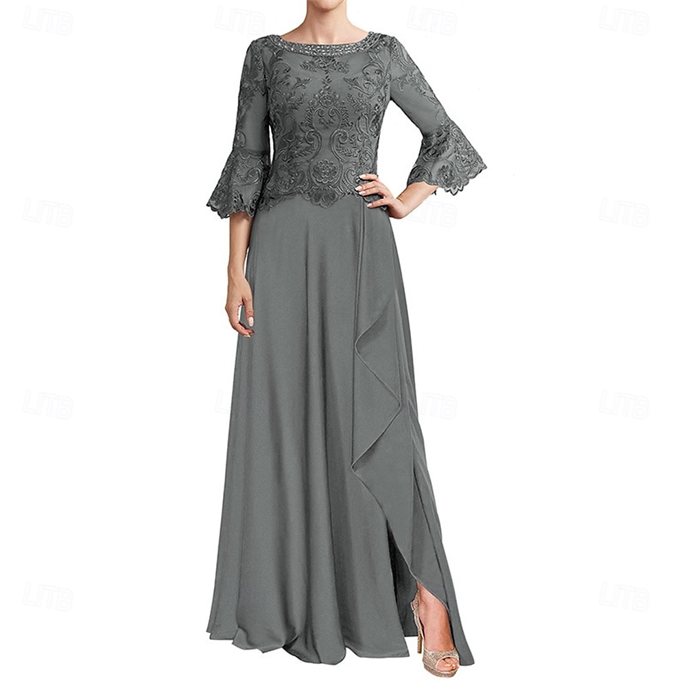 A-Line Mother of the Bride Dress Elegant Crew Neck Floor Length Chiffon Long Sleeve with Solid Color 2025 - $119.99 –P5