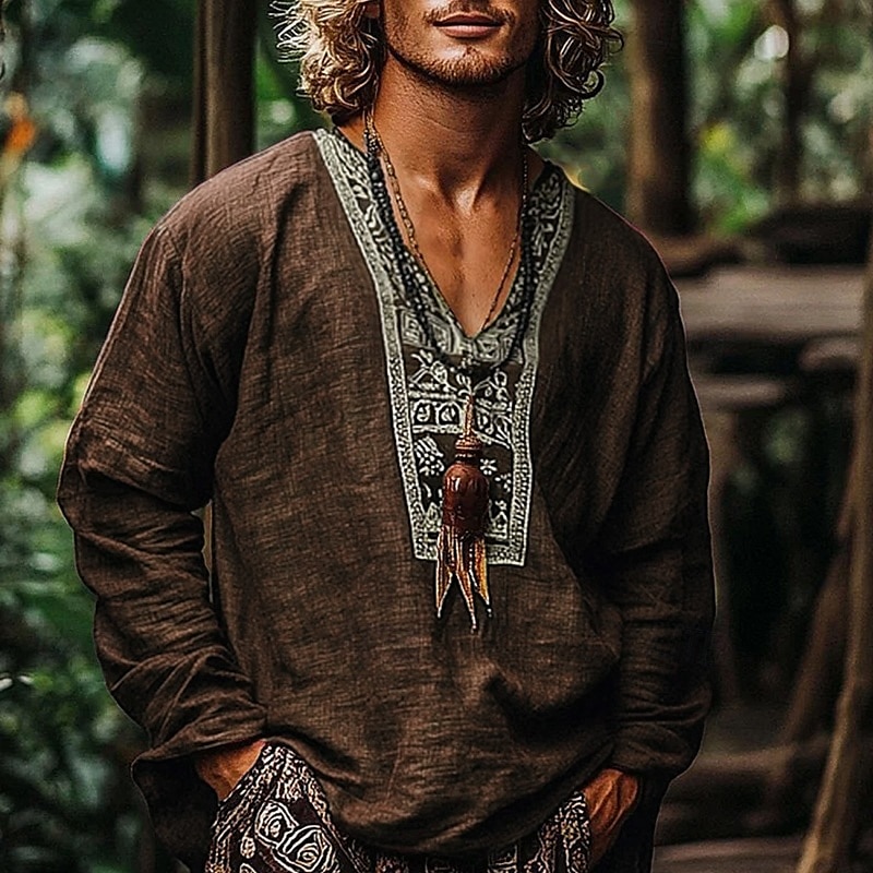 Per uomo Camicia Camicia di lino Camicia popover Camicia Estiva Abbigliamento da spiaggia Camicie retrò Etnico Vacanza Ferie Vino Marrone Verde Manica Lunga Scollo a V Estate Primavera Abbigliamento del 2025 a $23.99 –P5