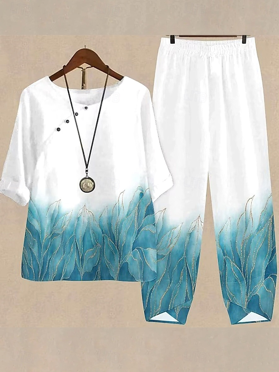 Femmes Basique Chemise Ensembles de Pantalons Demi Manches Col rond A Ombre Fleuri Graphique Imprimé Fête Décontracté Quotidien Week-end Blanche Jaune Bleu clair Été Coupe régulière de 2025 ? $44.99 –P4