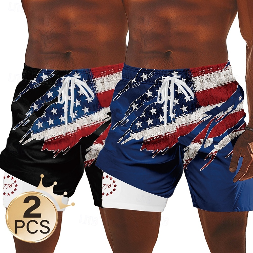 Unabhängigkeitstag Herren 2-teilig mit US-Flagge, patriotische gefütterte Shorts, 2-in-1-Boardshorts, Badehose, mittelhohe Taille, Urlaubs-Seitentaschen mit Kompressionsfutter, elastischer Kordelzug 2025 - $32.99 –P3
