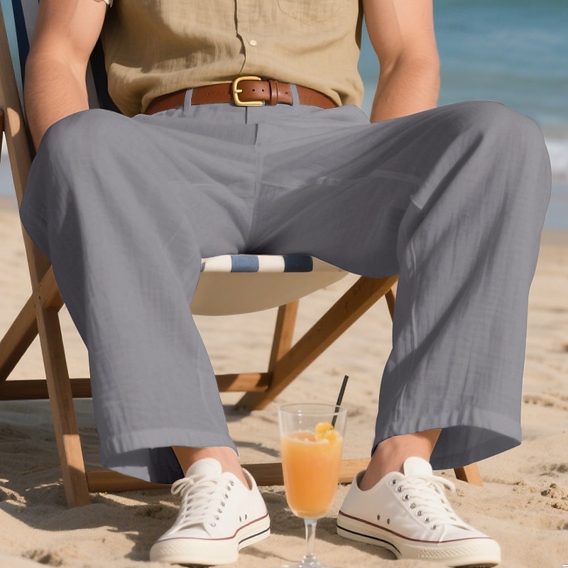 Men's Linen Pants Trousers Summer Pants Beach Pants Pocket Straight Leg Plain Comfort Breathable Vacation Daily Holiday Hawaiian Boho Black White 2025 - $25.99 –P13