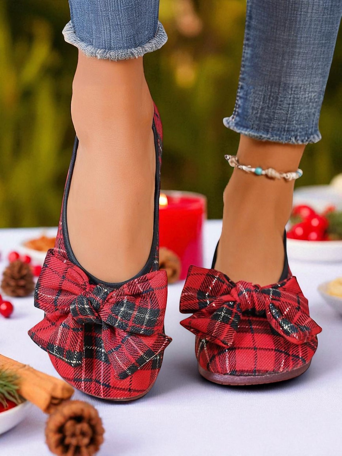 Ballerinas mit roter Schottenkaro-Schleife für Damen – Festtags-Ballerinas für Weihnachtsfeiern, Teepartys im Garten und gemütliche Abende 2025 - $19.99 –P4
