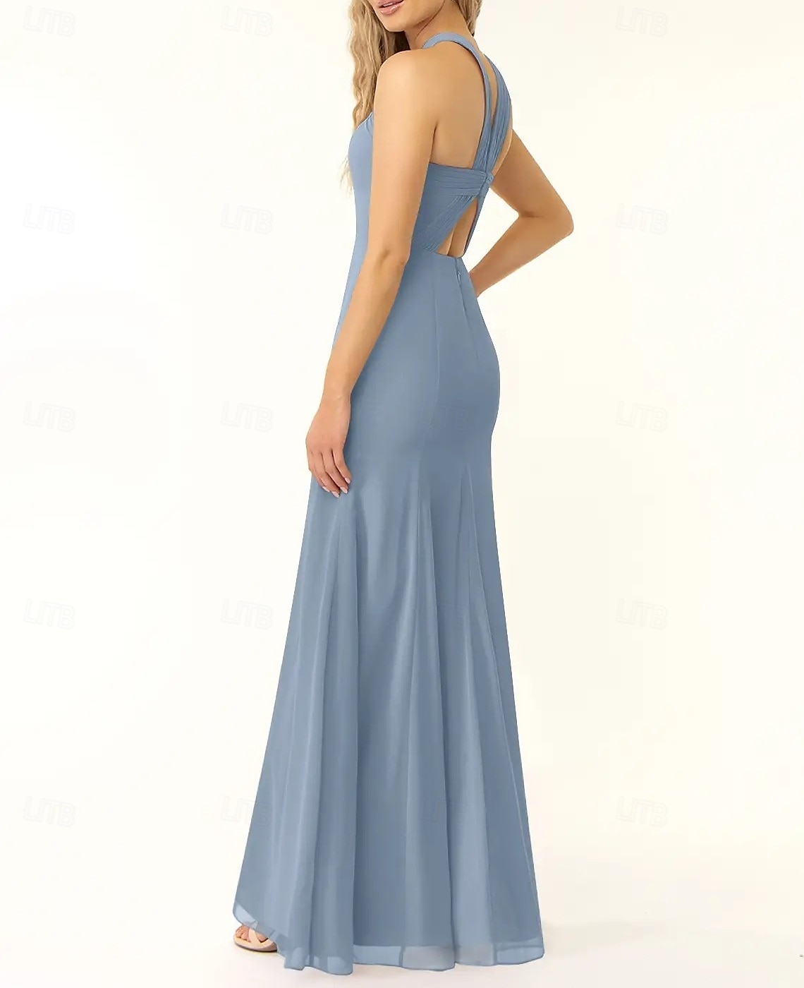 Vestido de dama de honra sereia/trompete, decote halter, sem mangas, elegante, longo, chiffon, com fenda frontal 2025 de 2025 por $143.99 –P4