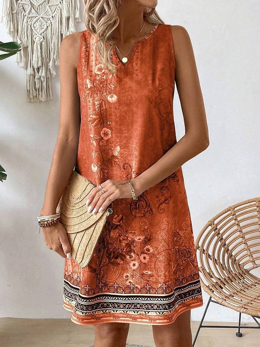 Damskie Sukienka mini Sukienka letnia Letnie sukienki Sukienka bez ramiączek Codzienny Codzienny Regularny Kwiaty Bez rękawów W serek Pomarańczowy Lato 2025 - $21.99 –P1