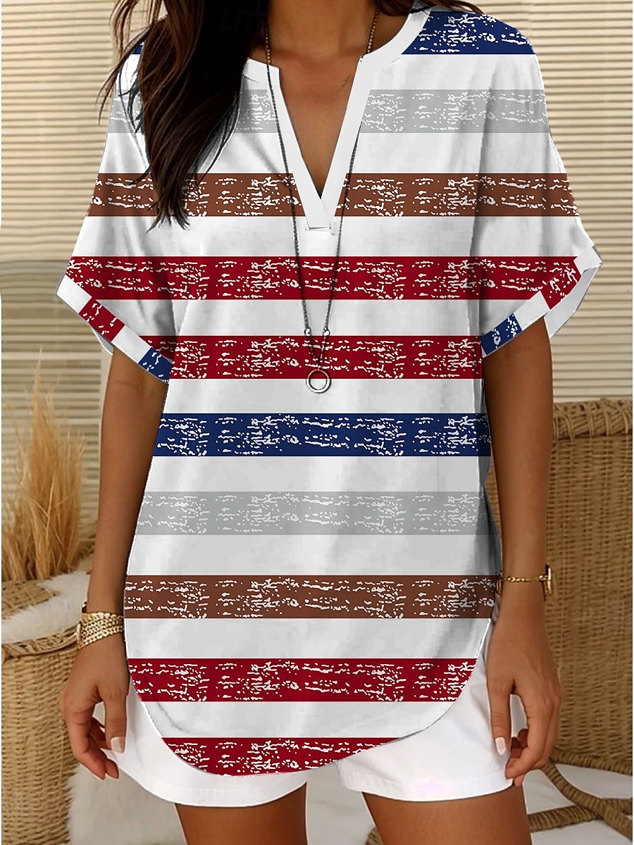 Women's Blouse Floral Graphic Striped Elegant Daily Casual Sleeveless Short Sleeve V Neck Notched Neck Regular Tops Daily Holiday Going out White Yellow Blue Khaki Summer Spring 2025 - $23.99 –P1