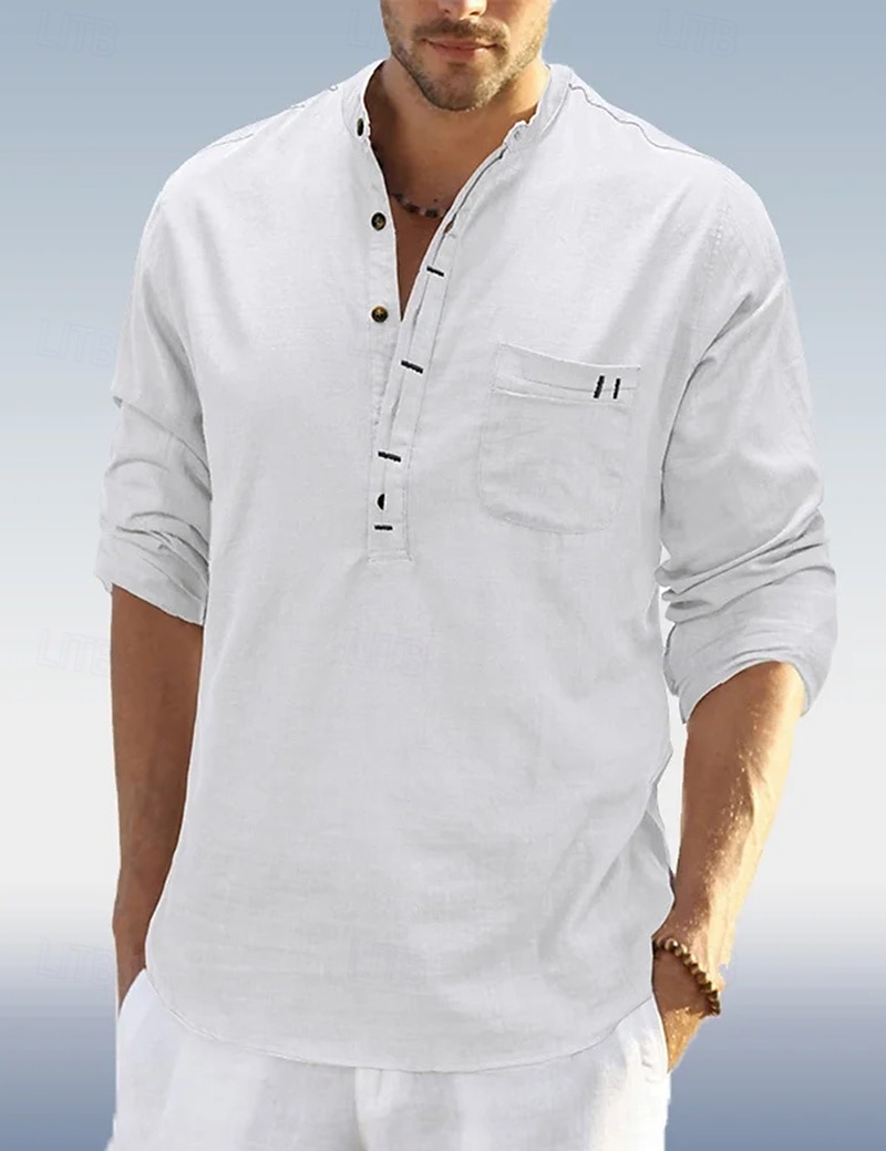 Per uomo Camicia Camicia di lino Camicia con colletto alla coreana Camicia popover Camicia Estiva Abbigliamento da spiaggia Semplice Vacanza Quotidiano Nero Bianco Blu marino Verde Manica Lunga Henley del 2025 a $22.99 –P3