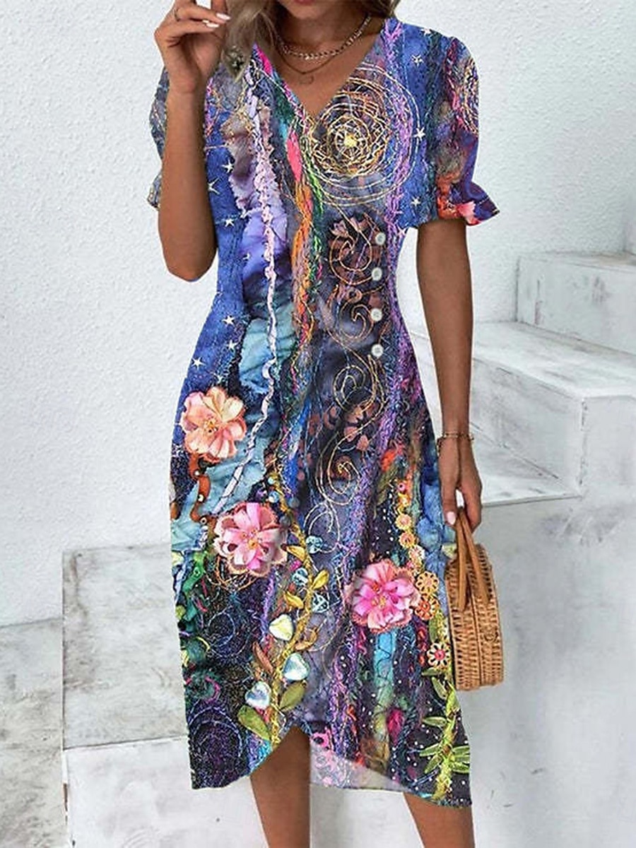 Femmes Robe Midi Robe fourreau Robe Portefeuille Occasionnel Quotidien Fête Coupe Ample Graphique Géométrique Manche Courte Col en V Bleu Fuchsia Orange Bleu de minuit Été Printemps de 2025 ? $23.99 –P3