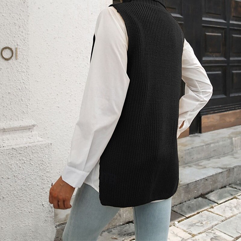 Femmes Pull Gilet Pull Occasionnel Couleur Unie Épais Col roulé Tricoté Sans manches Hauts Réguliers Tricoter Quotidien Fête Sortir Noir Marron Automne Hiver de 2025 ? $18.99 –P9