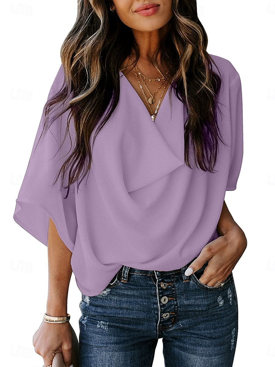 Femmes Hauts d'été Couleur Unie Uni Quotidien Élégant Occasionnel Demi Manches Col en V Hauts Réguliers Travail Quotidien Fête Froncé Drapé Noir Blanche Rose Claire Bleu Violet Été Printemps Automne de 2025 ? $19.99 –P6