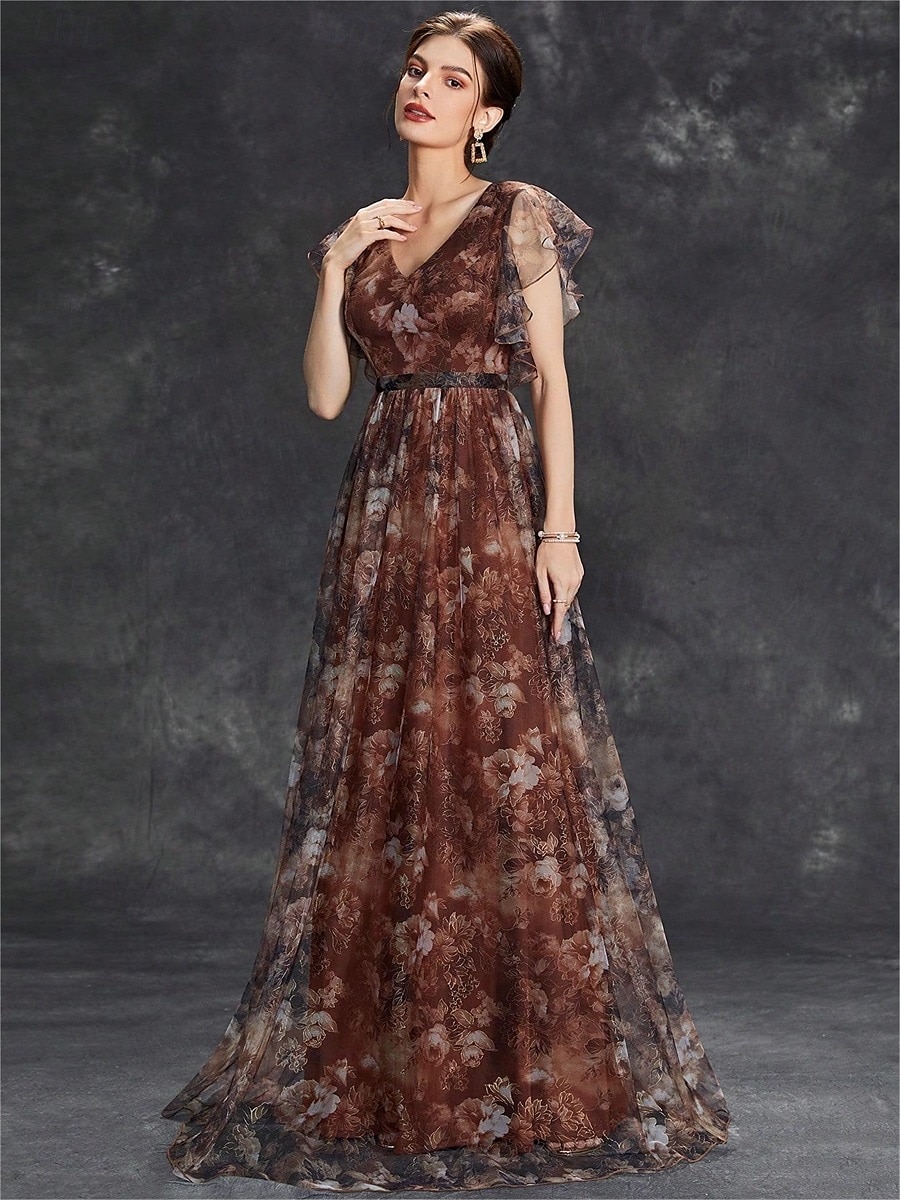 Abiti Quinceanera A-Line abito elegante formale lungo senza maniche scollatura a V in chiffon con stampa floreale del 2025 a $79.99 –P27