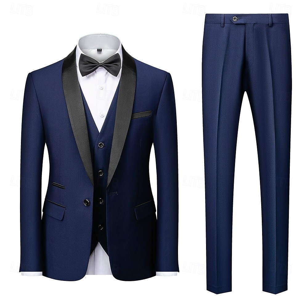Men's Wedding Party Suits Navy Blue Business Formal Solid Colored Standard Fit 3 Piece Single Breasted One-button 2025 - $129.99 –P4