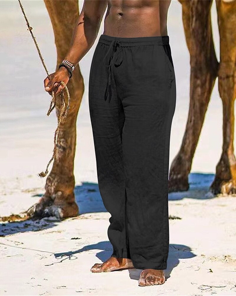 Herr Linne Byxor Långbyxor Sommarbyxor Strandbyxor Ficka Snörning Elastisk midja Slät Komfort Andningsfunktion Semester Dagligen Helgdag Hawaiisk Boho Svart Vit 2025 - $18.99 –P9