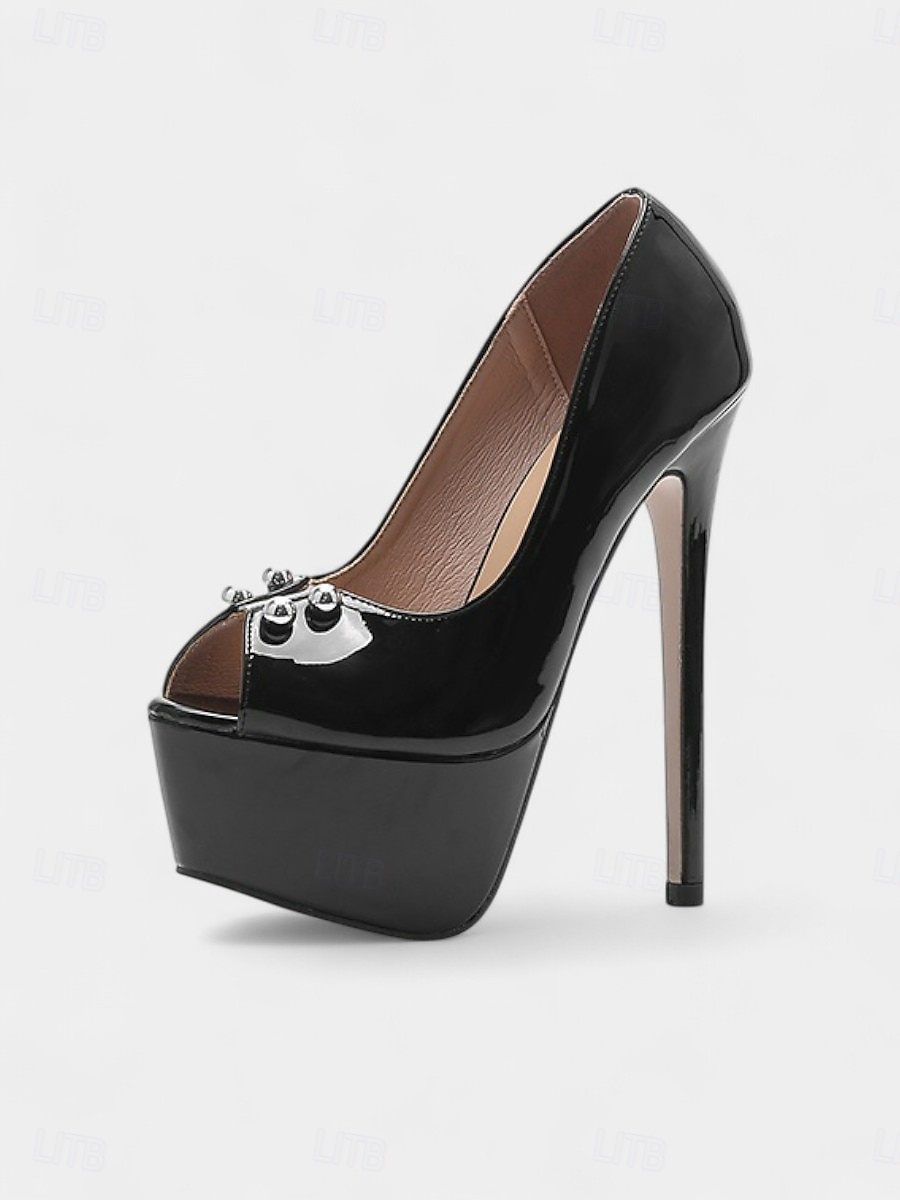 Women's Black Patent Platform Stiletto Heels with Peep-Toe, Ultra-High Nightlife Pumps for Rooftop Parties, Clubbing, Date Nights or Glam After-Dark Events 2025 - $46.99 –P2