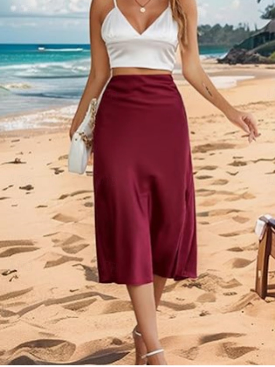 Damen Rock Mode Lässig Maxi Hohe Taille Röcke Einfach Mikroelastisch Straße Täglich Schwarz Wein Dunkelgrün Kamel Sommer Satin 2025 - $22.99 –P7