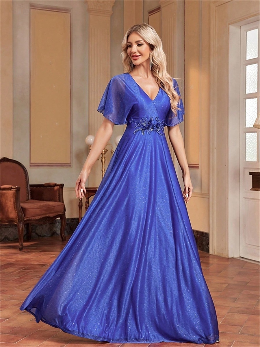 A-Linie Quinceanera Kleider Elegantes Kleid Formelle Hochzeit Bodenlang Kurzarm V-Ausschnitt Chiffon mit Falten 2025 - $99.99 –P8