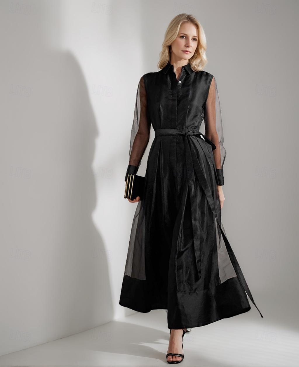 Linea ad A Lunghezza al pavimento Vestito da Festa Abito da Cocktail Abito da invitata a nozze Abito da cerimonia per signora Manica Lunga Colletto a Camicia Elegante Semplice Minimalista Formale del 2026 a $160.99 –P1